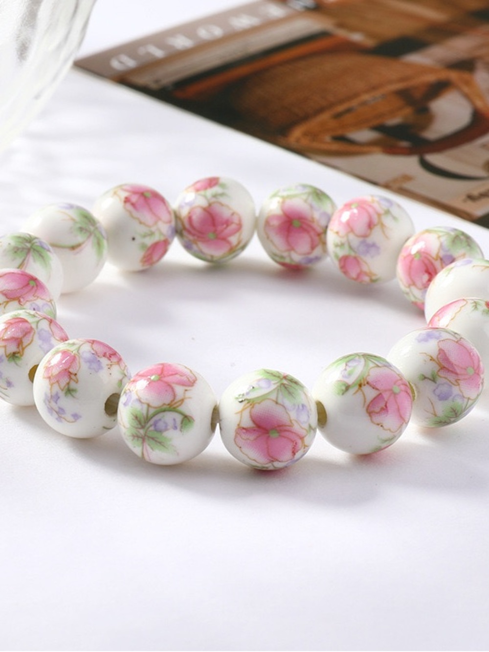 Hand-Painted Porcelain Bead Bracelet - Pink Floral on White
